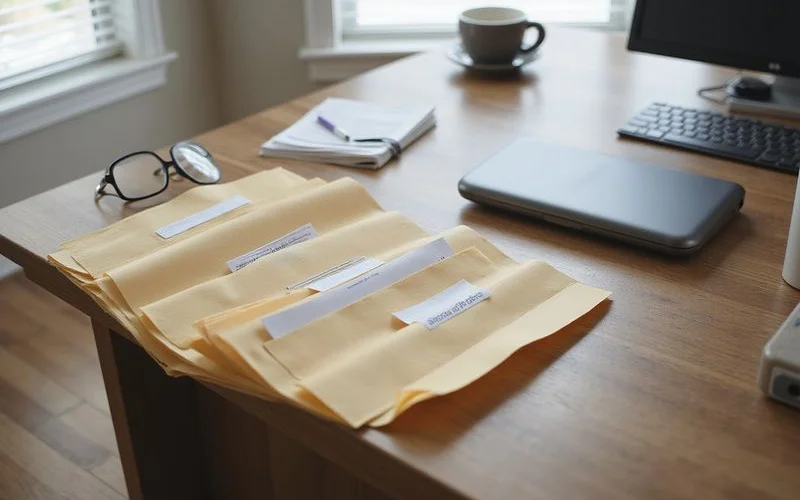 Accordion file folder labeled with blank tabs holding documents on a desk beside reading glasses