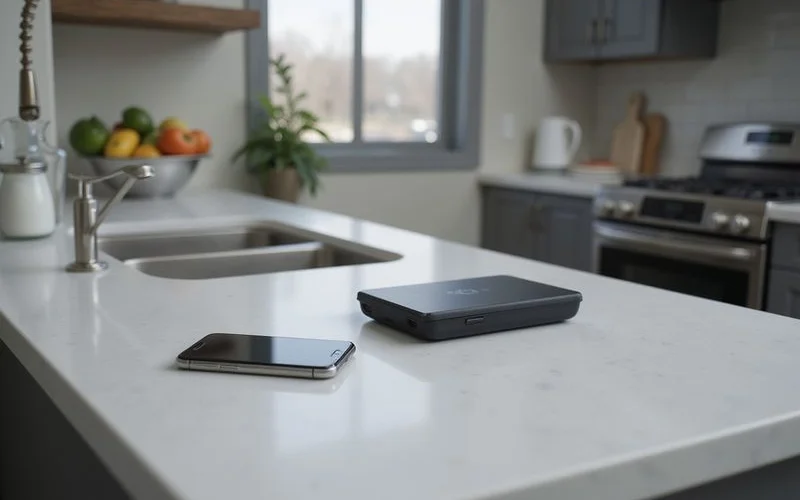 Battery bank charging a phone on a kitchen counter in a dim new apartment during a power outage