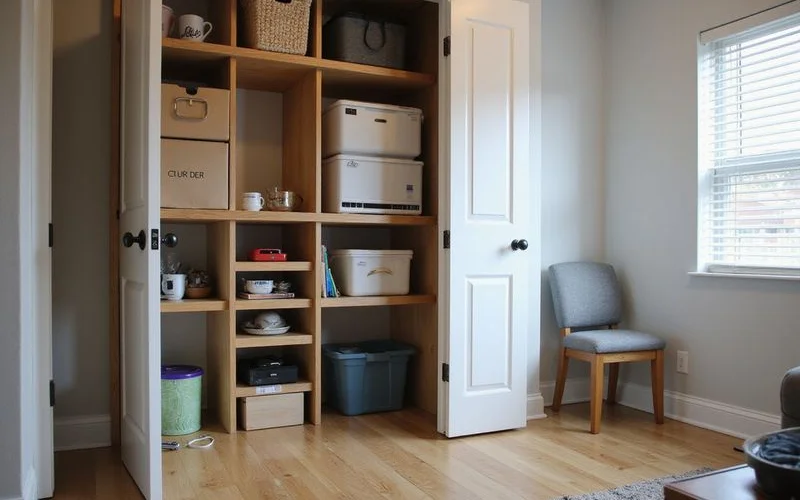 Belongings stored on high shelves in a new apartment closet