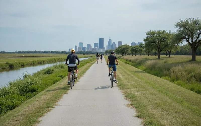 Trail along White Oak Bayou with the downtown skyline