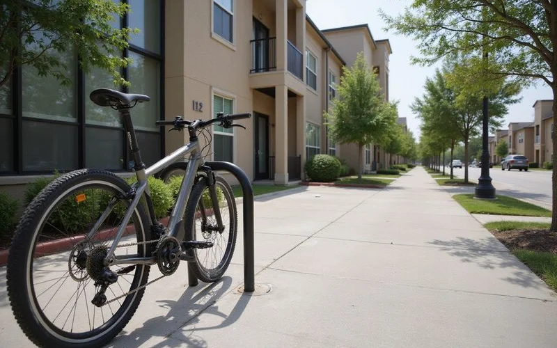 Bike locked to a rack outside a new mid-rise apartment entrance