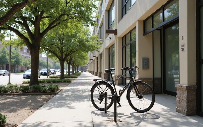 Bike locked to a rack outside the entrance of a new mid rise apartment building on a sunny morning
