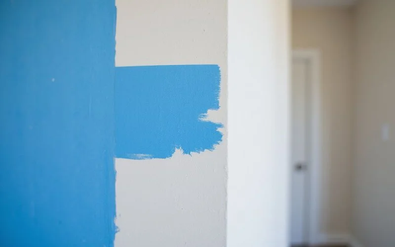Blue painter's tape marking a wall scuff in a new apartment