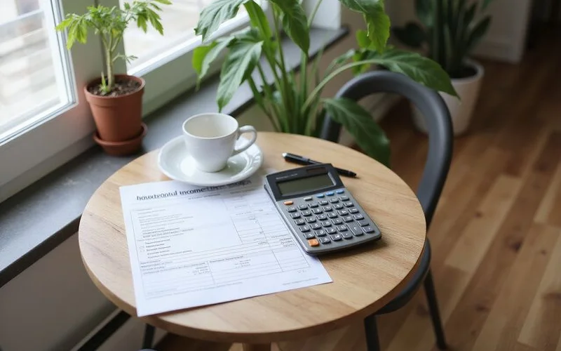 Calculator and a printed household income worksheet on a small dining table near a window with plants