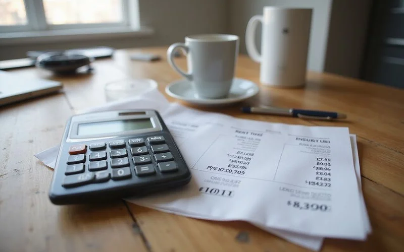 Calculator showing a rent times three result next to a pay stub on a desk in a new apartment
