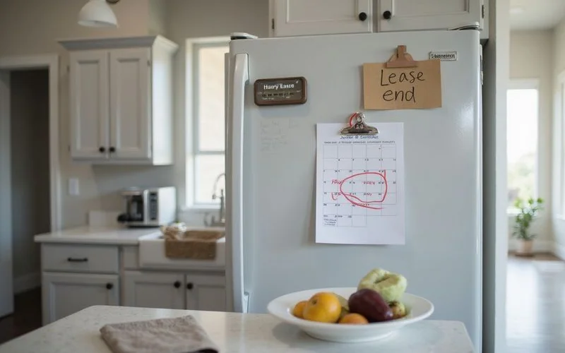 Calendar with a lease-end date circled on a fridge