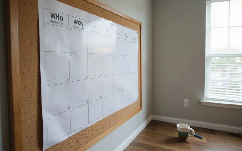 Calendar spanning fifteen months pinned on a corkboard