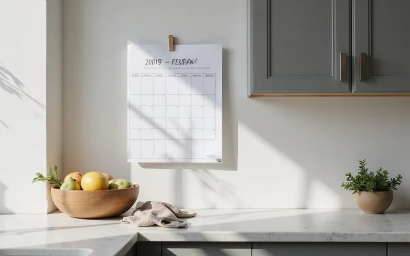 Calendar with November to February pages pinned on a kitchen wall