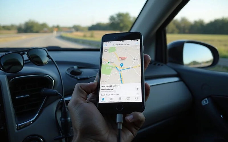 Car dashboard with a phone map route to four stops