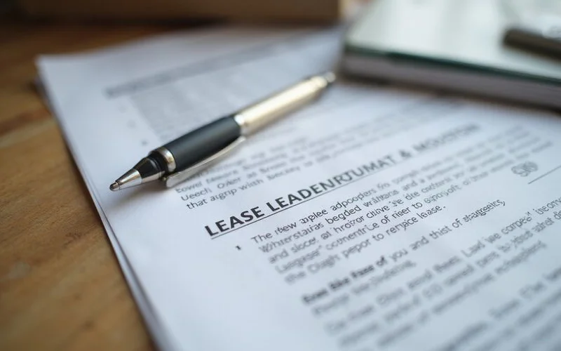 Close-up of a pen resting on a lease addendum page, no readable text