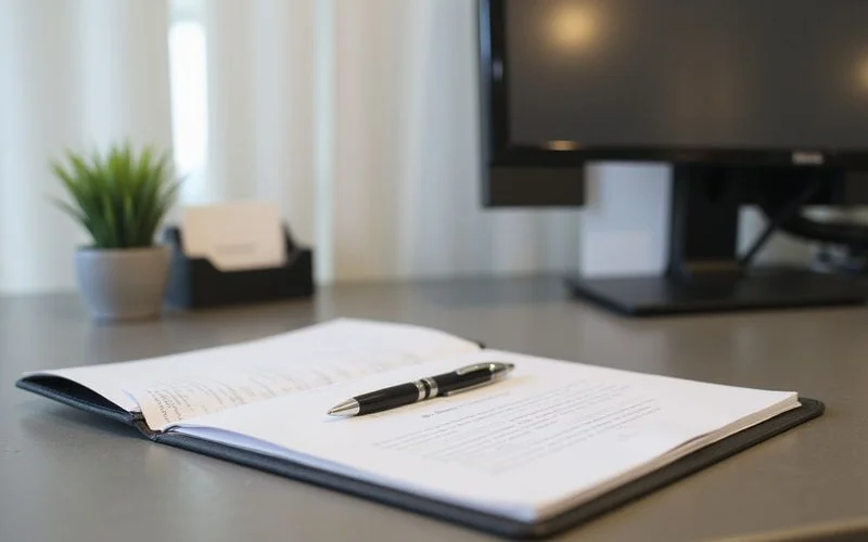 Closed folder and a pen on a leasing office counter beside a small potted plant, neutral daytime scene