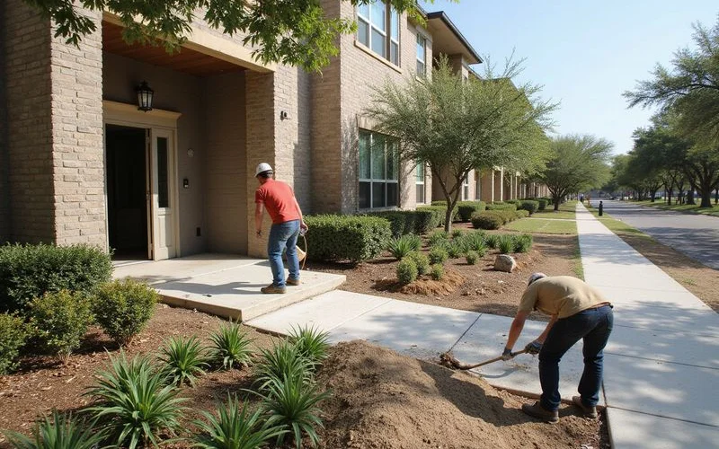Construction crew finishing landscaping in front of a newly opened apartment building on a sunny morning