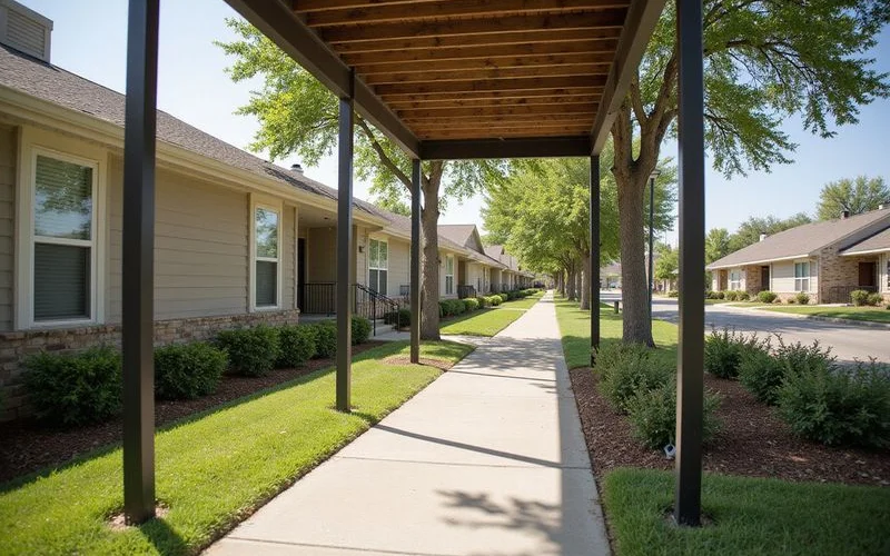 Covered walkway between single-story apartment buildings