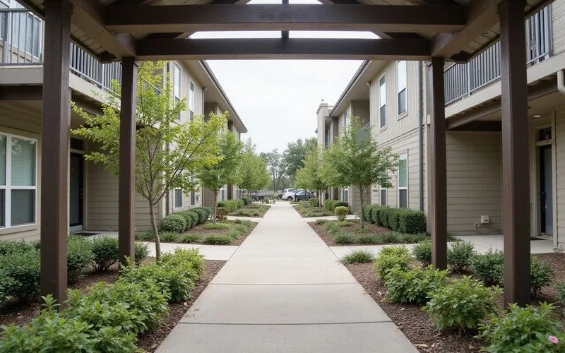 Covered walkway between new single-story apartment buildings