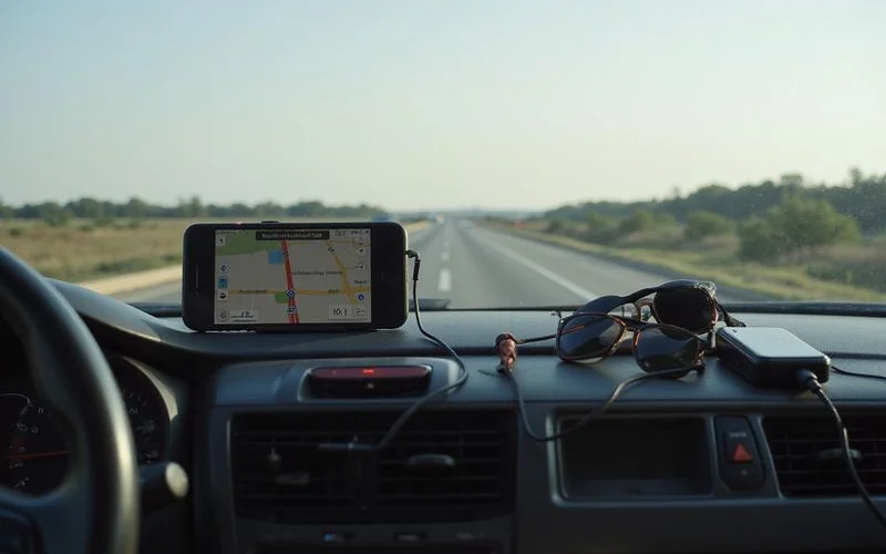 Dashboard clock and a phone map with a red traffic line on a Houston freeway at rush hour