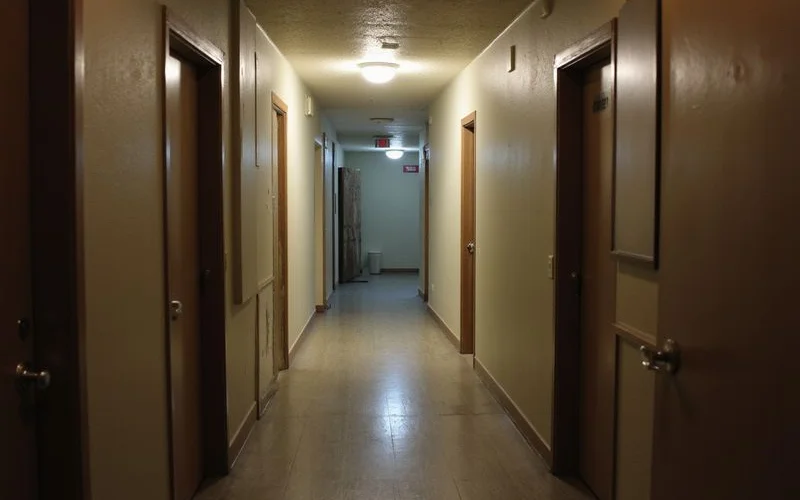 Dim apartment hallway lit by emergency lights