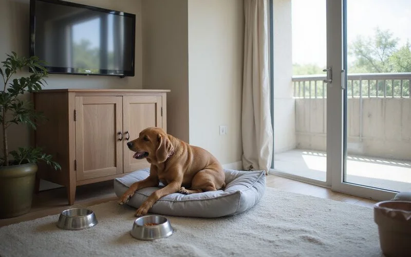 Dog bed and food bowls set up in a corner of a new apartment living room by a balcony door