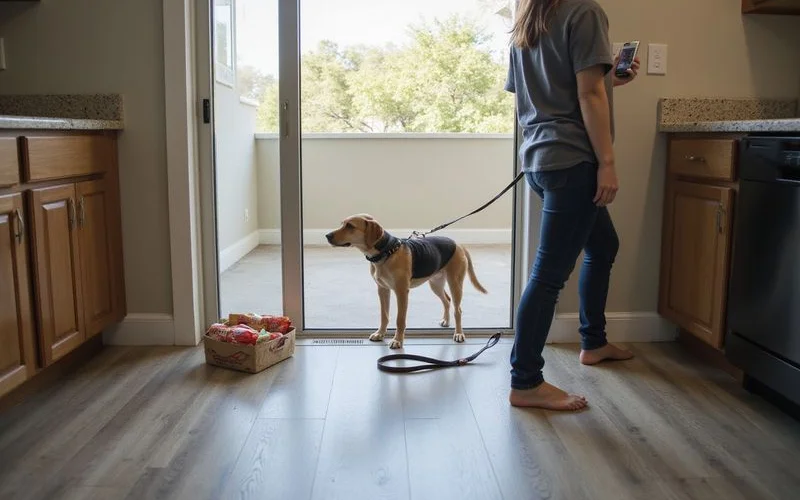 Dog leash and treats by the door of a new apartment
