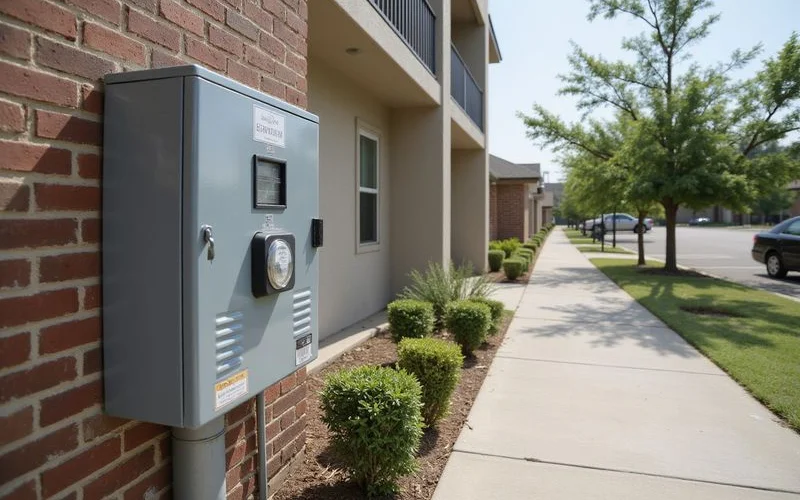Electric meter bank outside a new garden-style apartment building, Texas daylight