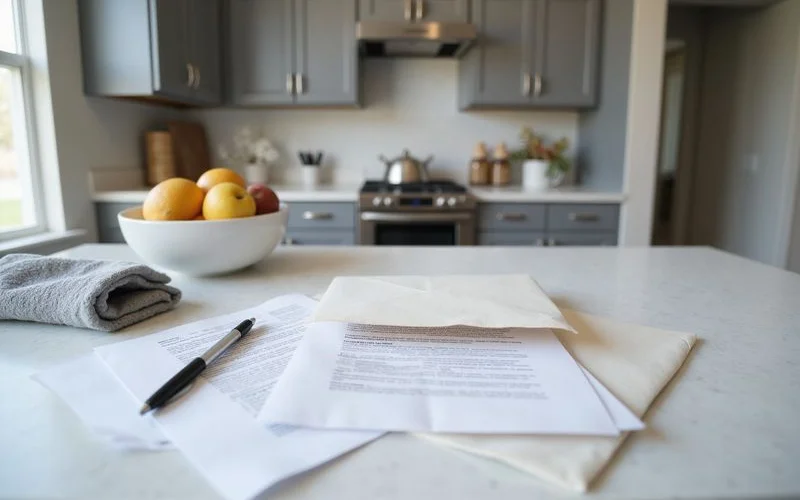 Envelope with official looking forms and a pen on a kitchen counter in a new apartment, no readable text
