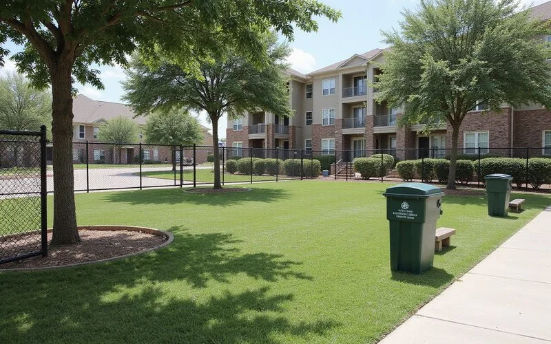 Fenced dog park with a waste station at a new apartment community