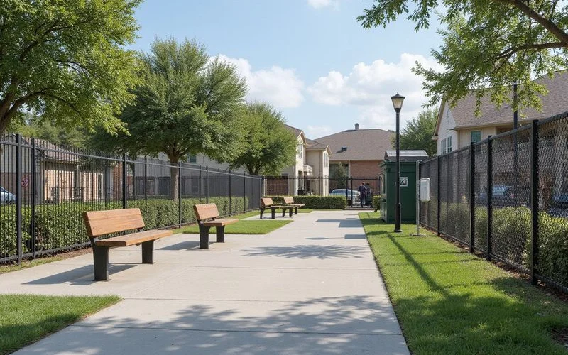 Fenced dog park at a new apartment community with a waste station
