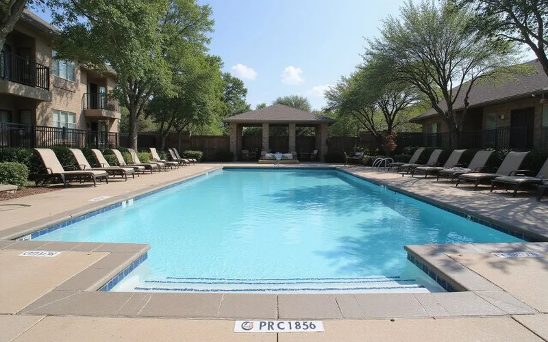 Finished resort style pool deck at a year old apartment community with mature landscaping and a few loungers