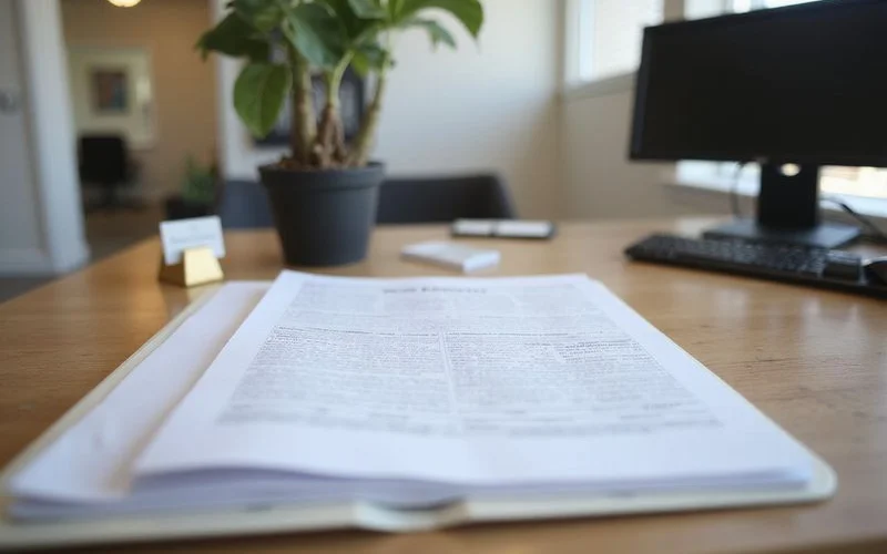 Folder of property documents on a leasing desk, no readable text