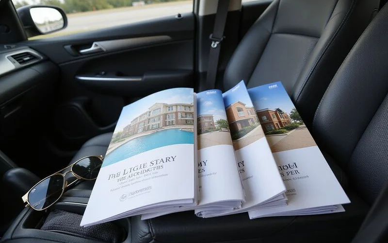 Four apartment brochures laid out in a row on a car passenger seat before an afternoon of tours