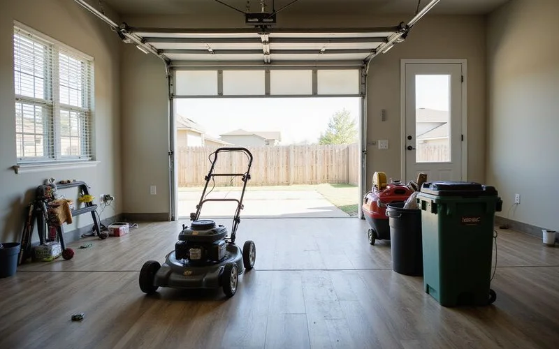 Garage of a new rental home with a lawn mower and bins