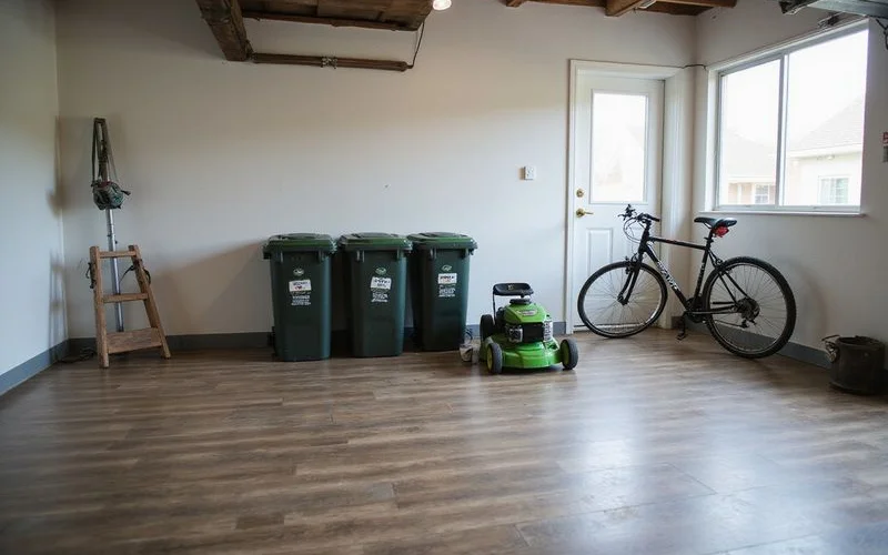 Garage of a new rental home with a lawn mower and bins