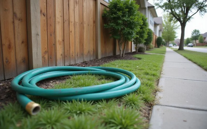 Garden hose coiled beside a small patch of new sod behind a rental townhome with a wood fence