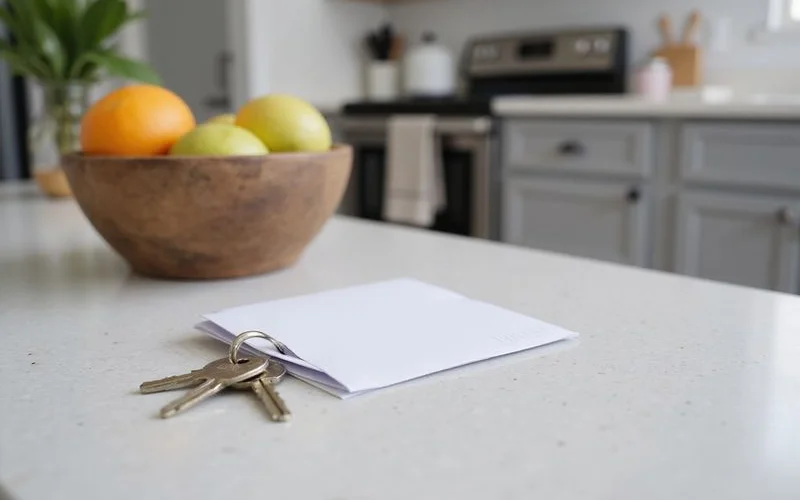 Gift card envelope next to apartment keys on a counter