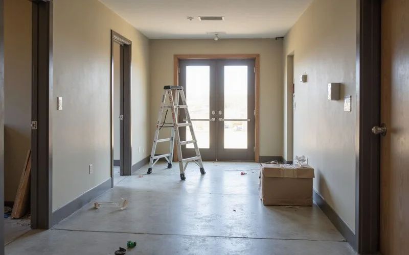 Hallway with protective floor covering and a ladder near a finished unit door
