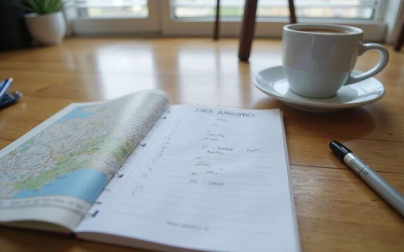 Hand-drawn area ranking list on a notepad next to a map