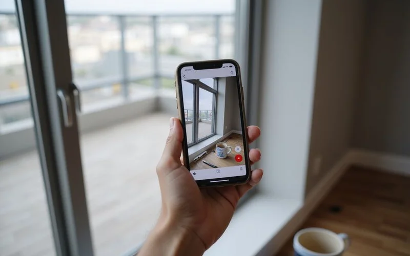 Hand holding a phone up to a window in a new apartment during a live video call showing the street view