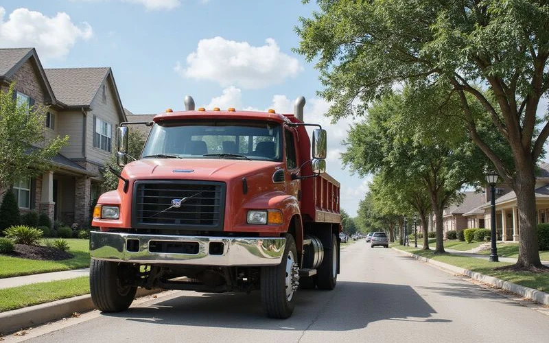 Landscaping crew truck parked on a new rental community street