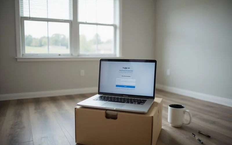 Laptop open to a generic electricity plan sign up page on a box in an empty new apartment