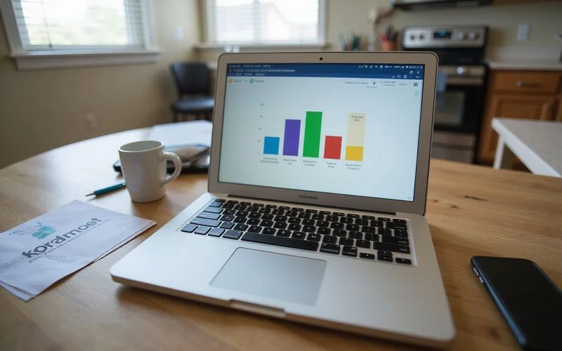 Laptop showing a bar chart with six colored segments on a desk beside a printed apartment card