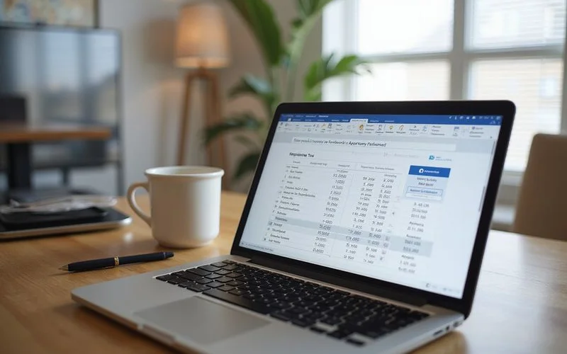Laptop showing a spreadsheet of apartment costs in a bright new apartment