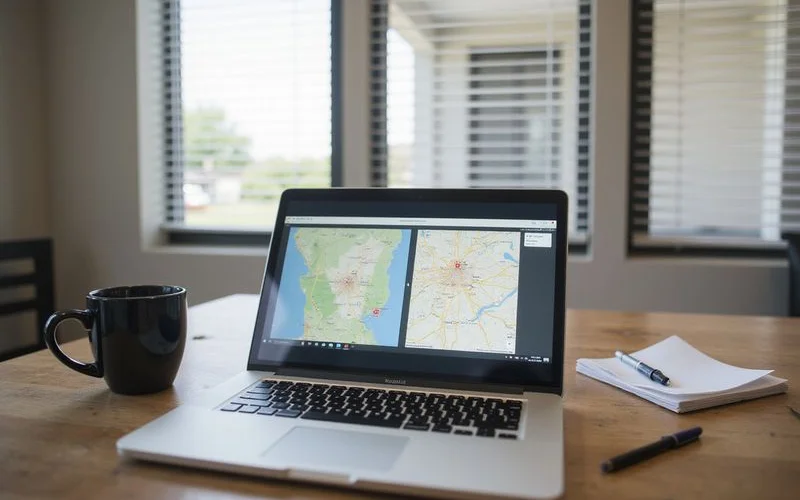 Laptop showing two generic map layers side by side on a table next to a coffee cup and notepad