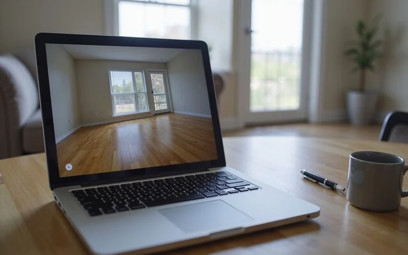 Laptop video call showing an apartment interior, viewed over a shoulder