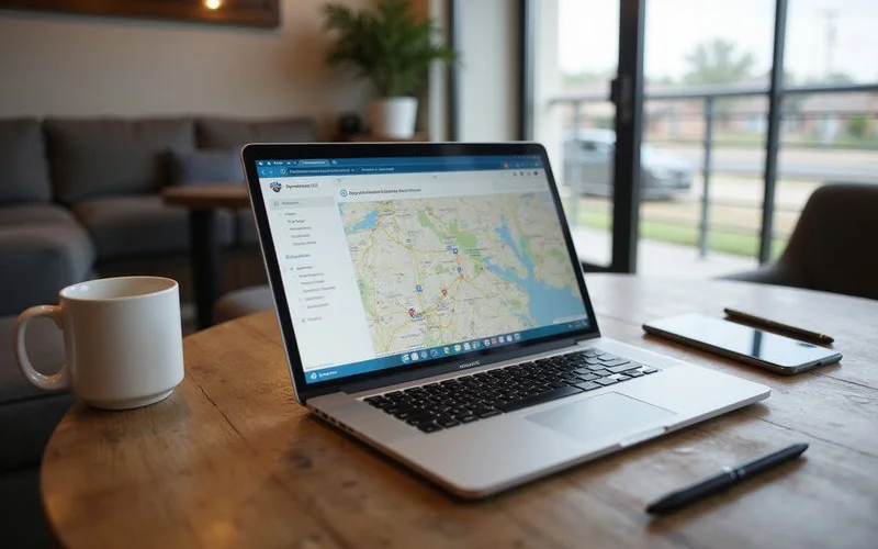 Laptop with a map and saved apartment list in a coffee shop