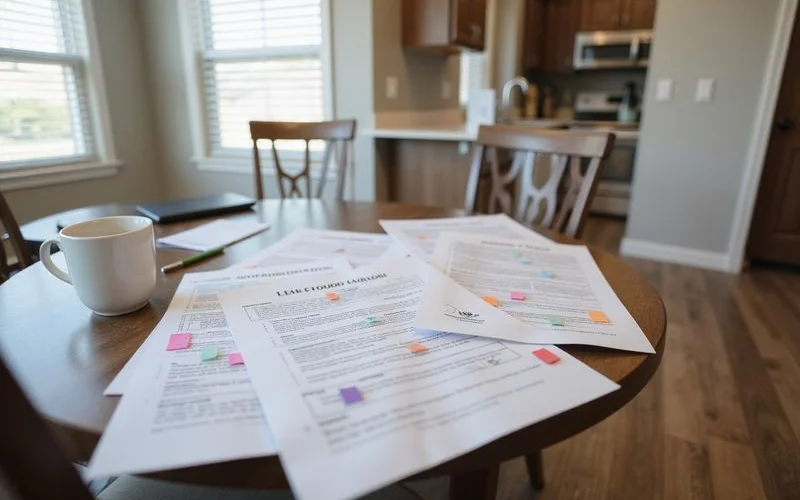 Lease addendum pages fanned out with colored sticky tabs on a dining table, no readable text