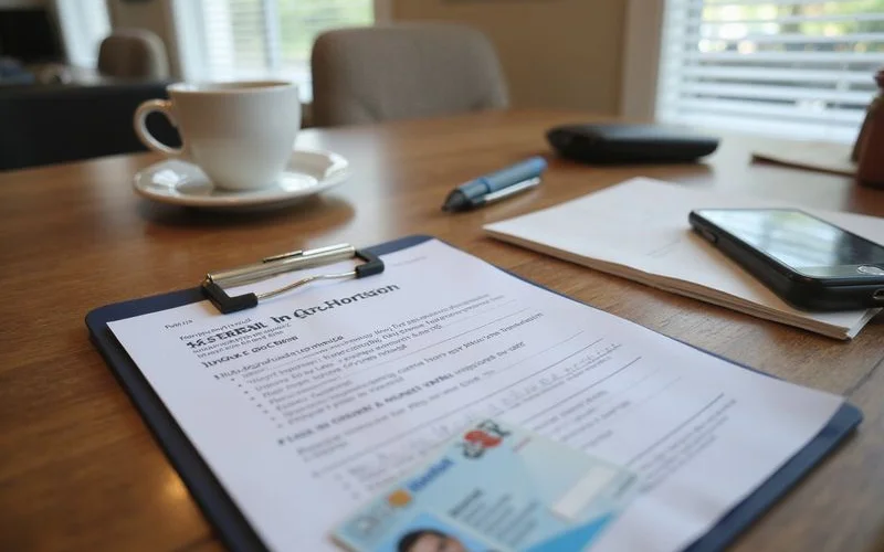 Lease application on a clipboard with an ID card face down at a community clubhouse desk