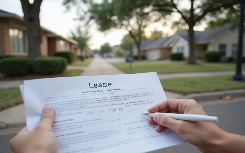 Lease packet open to a single-page notice, pen beside it