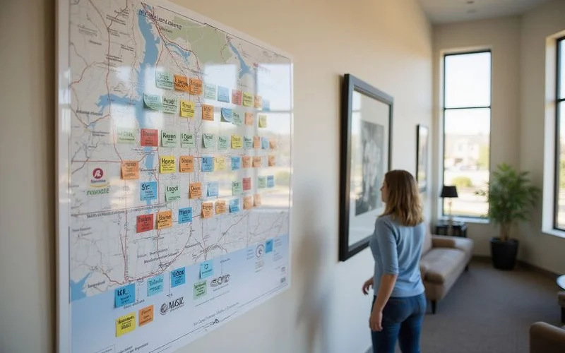Leasing map board with unit stickers in a new building office
