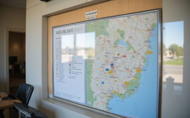 Leasing map board with unit stickers in a new building office
