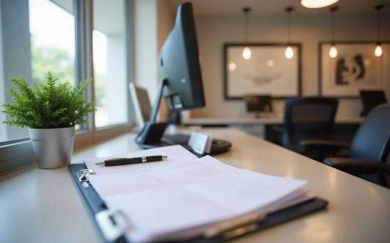 Leasing office counter with a closed folder and pen, neutral scene