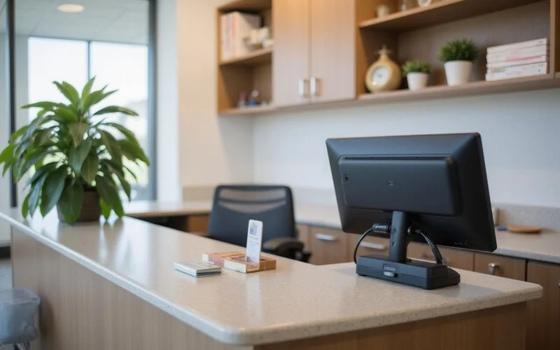 Leasing office front desk of a new apartment building, daytime